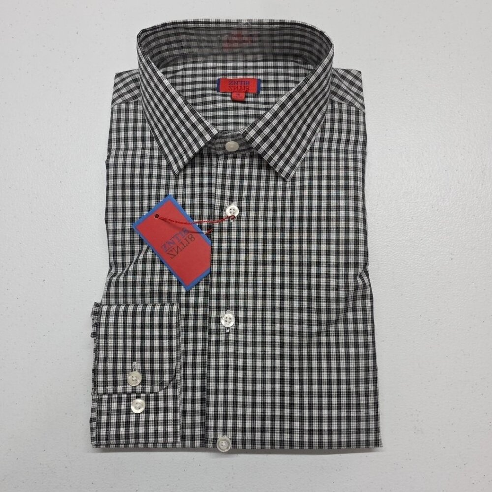 ZNT18 Basil Men's Grey Plaid Dress Shirt Size 16.5 34/35 Slim Fit Cotton NWT